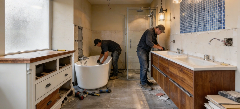 bathroom renovation in progress with contractors installing fixtures in los angeles Premier Contractor LA