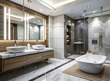 luxury modern bathroom remodeling with bathtub and walk-in shower in los angeles Premier Contractor LA
