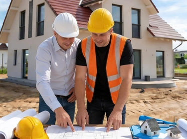 contractors reviewing house construction plans on site in los angeles Premier Contractor LA