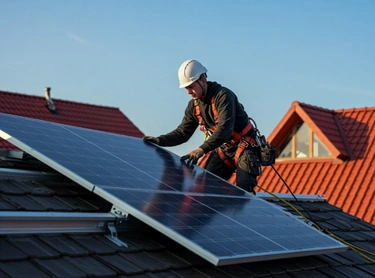 technician installing solar panels on rooftop for sustainable energy in los angeles Premier Contractor LA